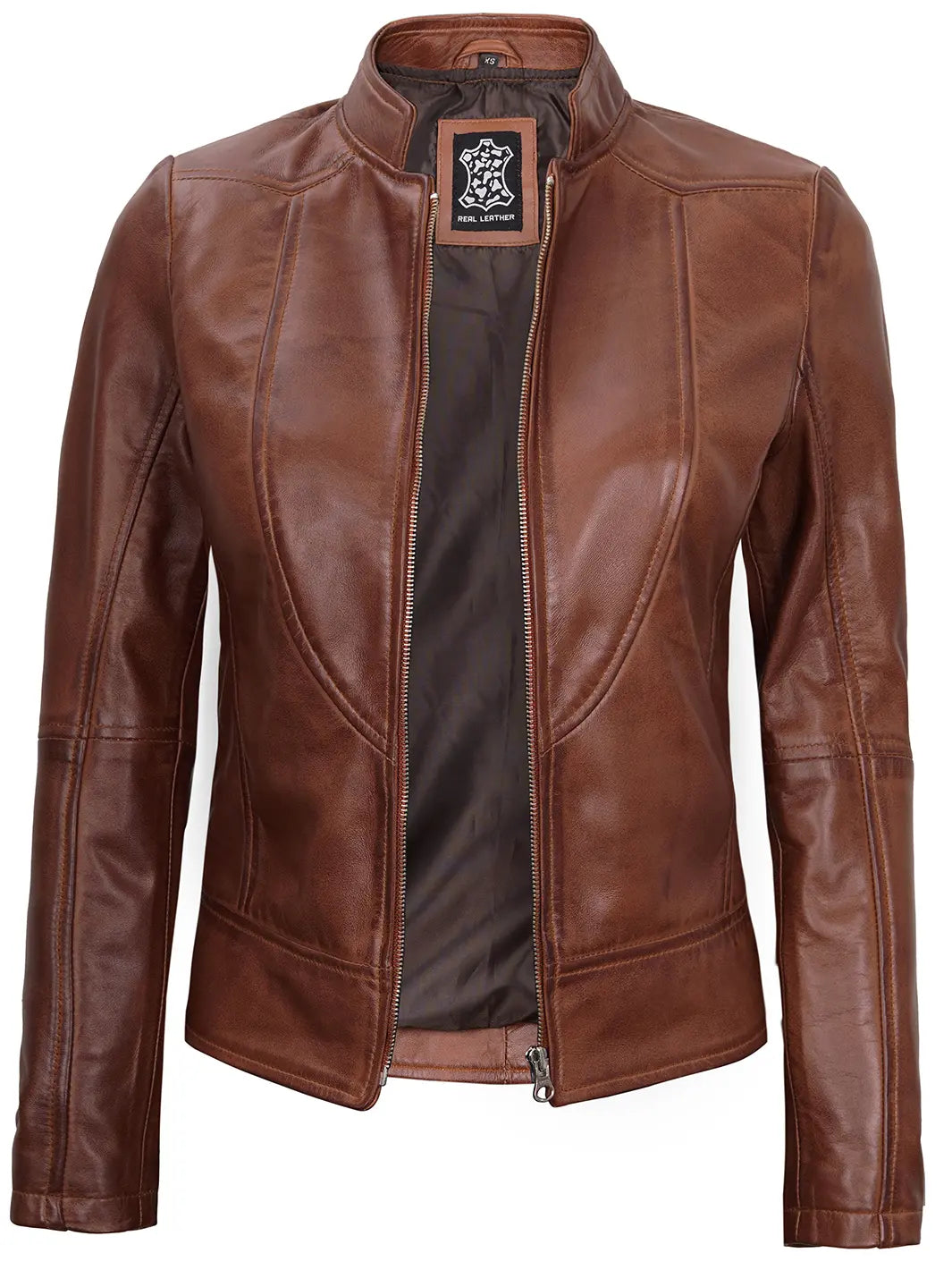 Giacca Moto Donna In Vera Pelle Marrone Chiaro – A1 Fashion Goods, Modello Myla, Taglio Slim, Chiusura Zip, 100% Pelle Di Agnello