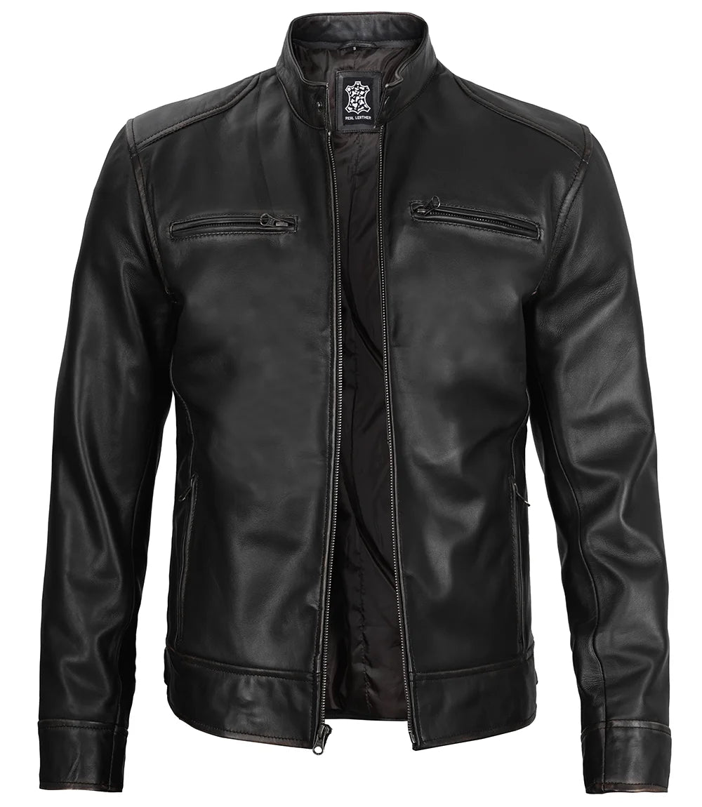 Giacca da uomo in pelle di agnello nera Cafe Racer Retro Slim fit Biker giacca in vera pelle - nero - XX-Small Giacca da uomo in pelle di agnello nera Cafe Racer Retro Slim fit Biker giacca in vera pelle - nero - XX-Small