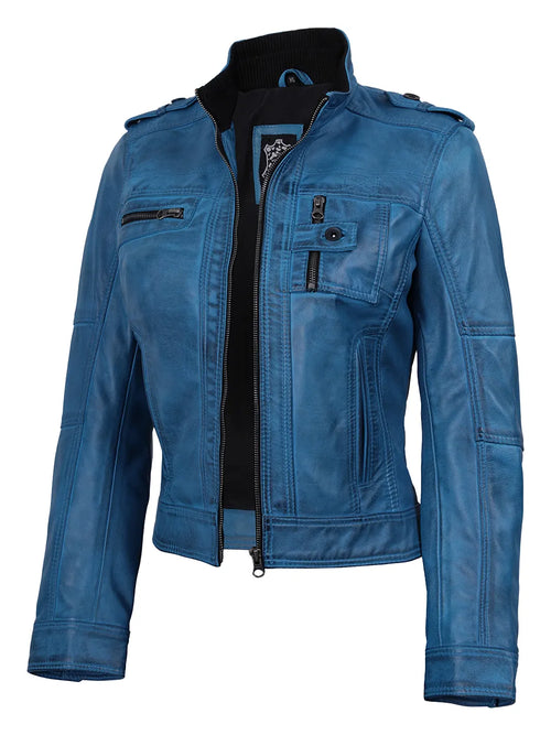 Giacca Biker da donna in pelle blu vivace – effetto vintage