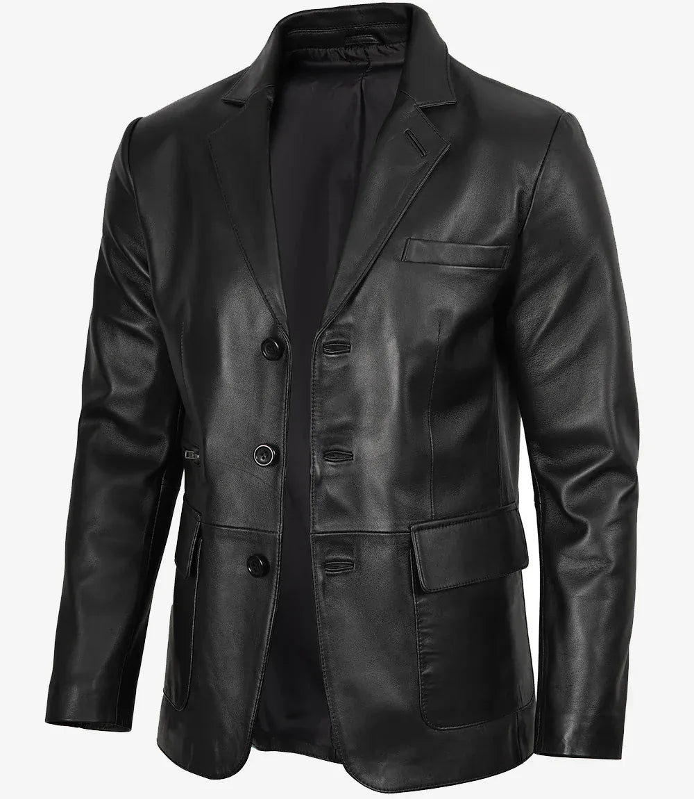 Decrum Men's Black Three Button Real Leather Blazer