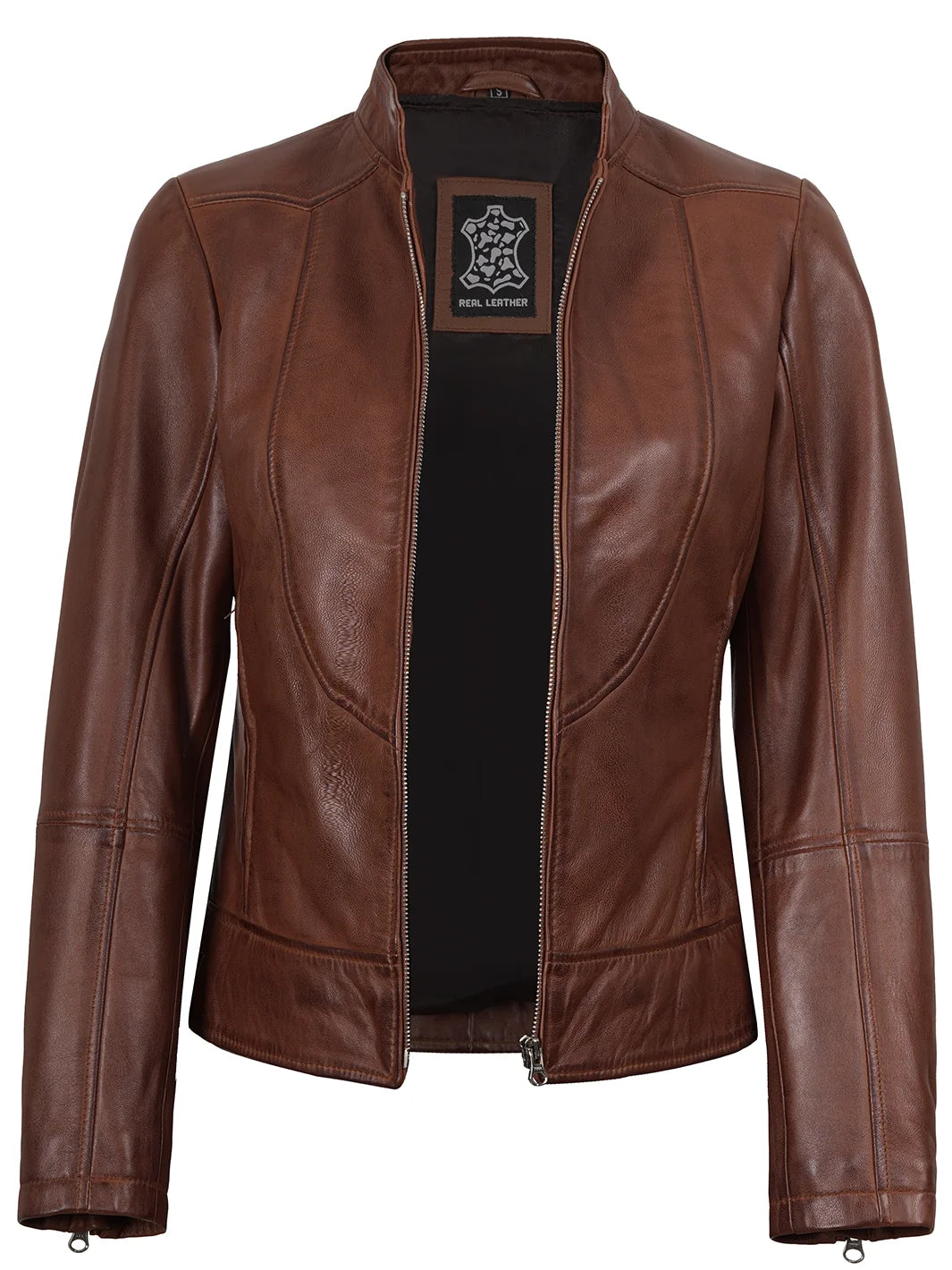 Brown leather jacket on a white background