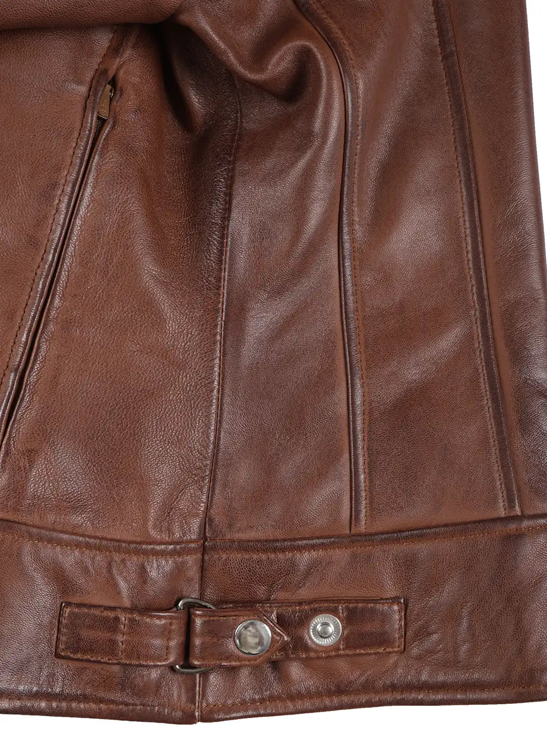 Close-up of a brown leather jacket with visible stitching and buttons.
