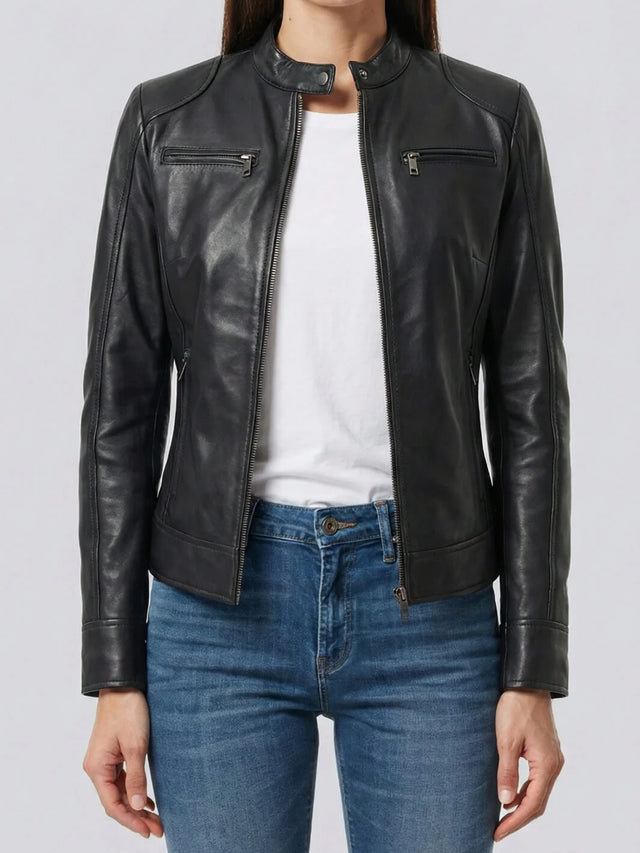 Women's black lambskin biker style leather jacket
