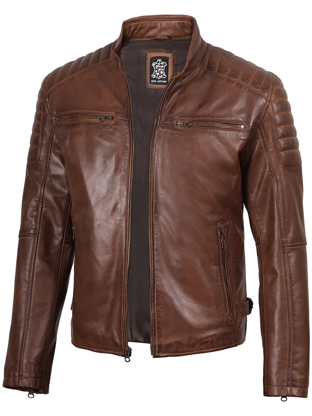 Felix men's cognac cafe racer leather jacket, front view
