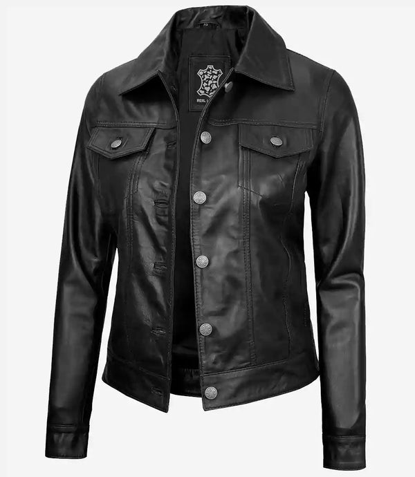Fernando Womens Black Leather Trucker Jacket