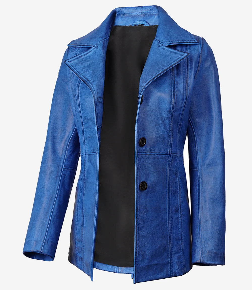 Katie Womens Leather Blue 3/4 Length Car Coat