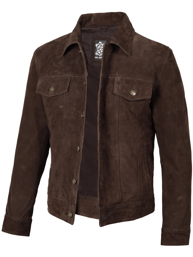 Giacca Trucker in camoscio, marrone scuro da uomo