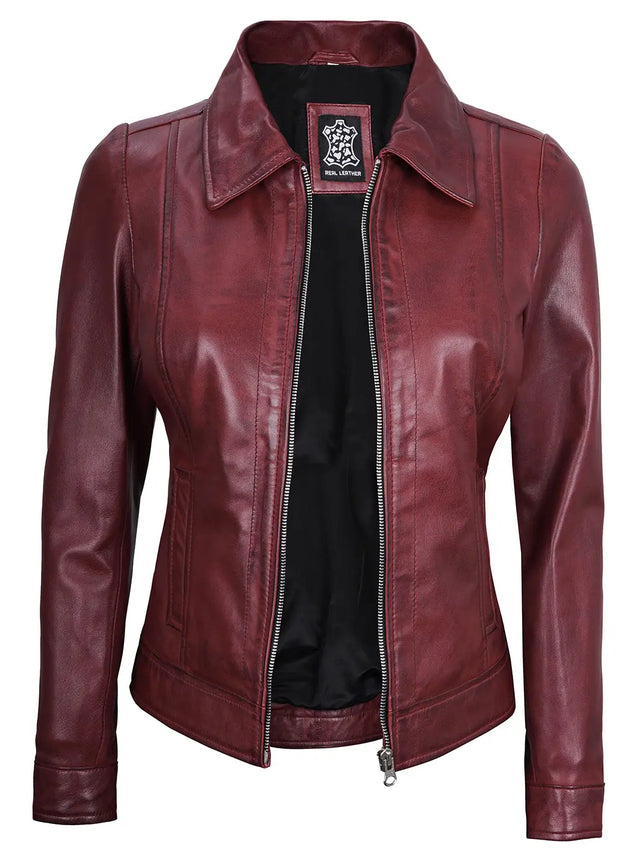 Giacca Harrington in pelle, bordeaux da donna