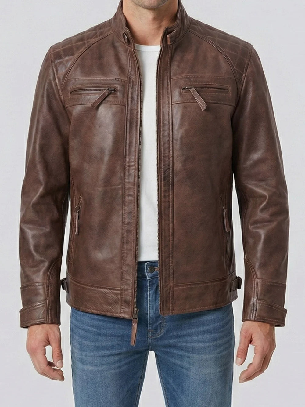 MenS Chocolate Brown Cafe Racer Real Leather Jacket