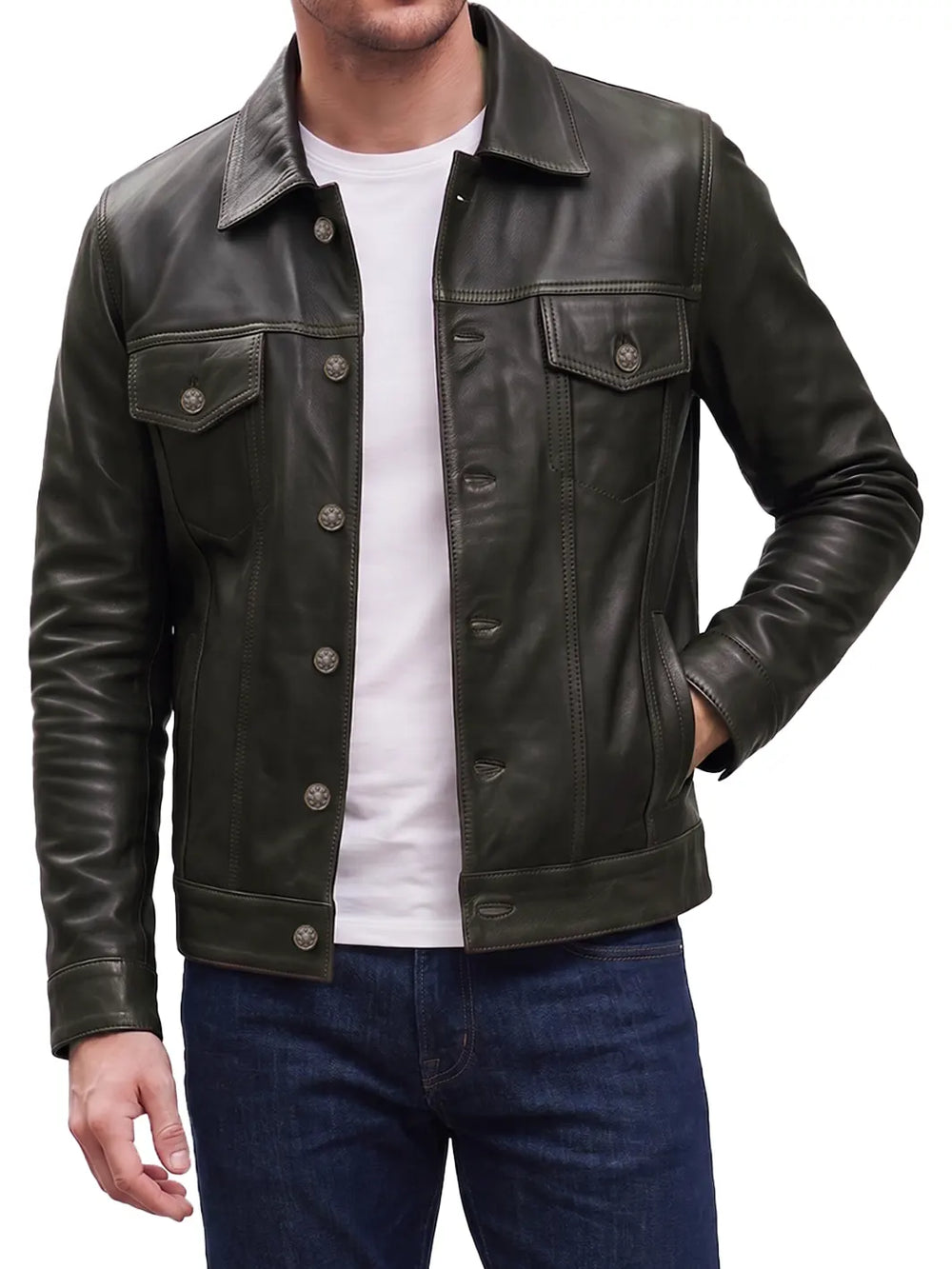 Giacca Trucker in pelle marrone scuro da uomo