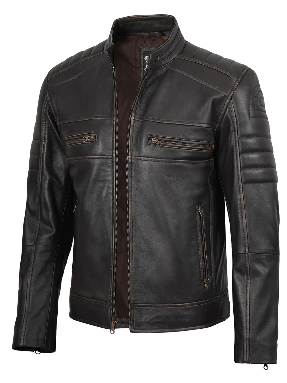 Men's Rub Off Dark Brown Cafe Racer Leather Jacket