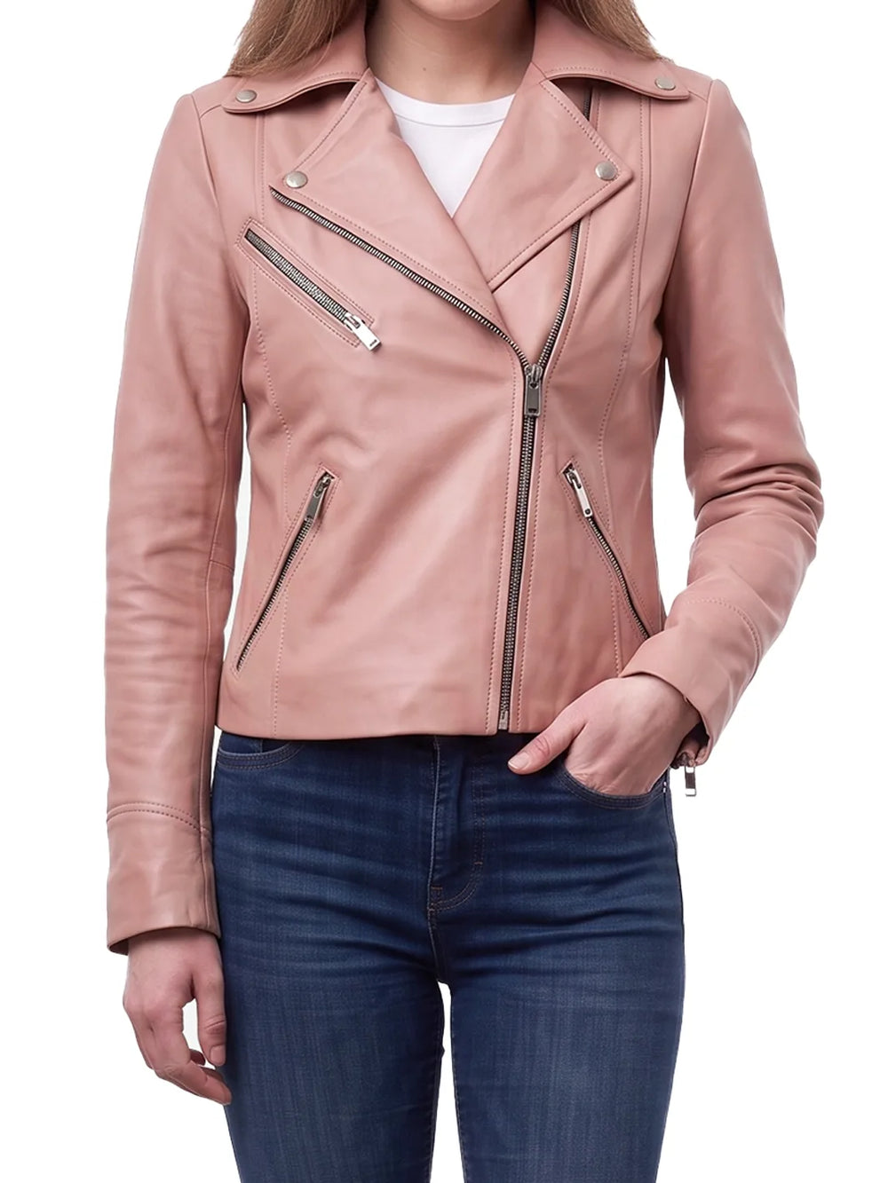 Ninfa Women's Pink Asymmetrical Biker Style Leather Jacket - Front