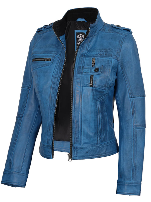Tavares Womens Vivid Blue Biker Style Leather Jacket
