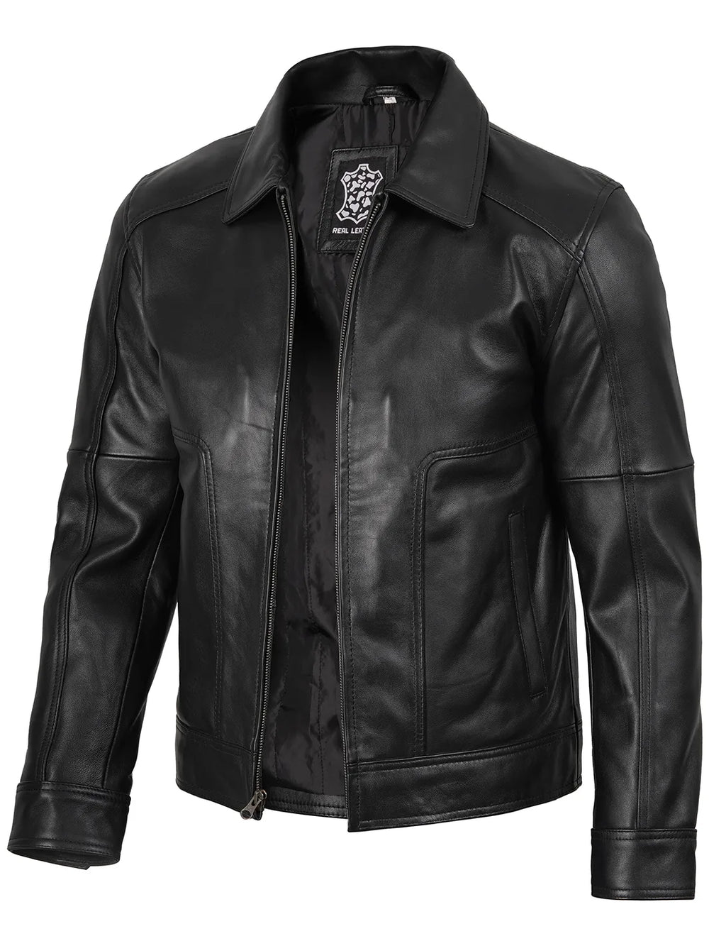 Thomas men's black leather Harrington jacket, front view