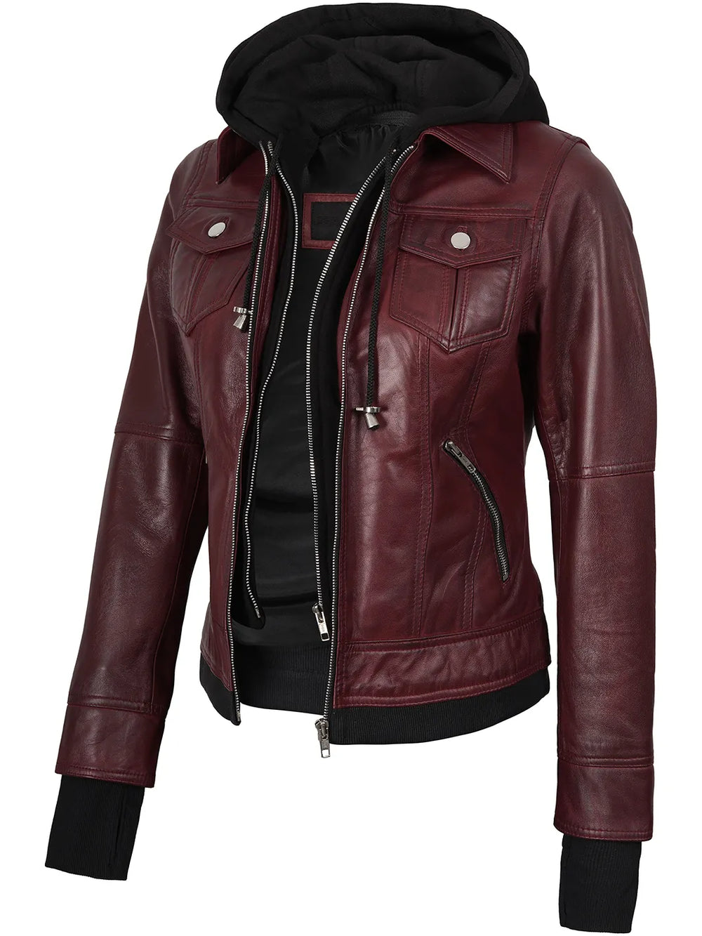 Tralee Women Burgundy Leather Jacket with Hood