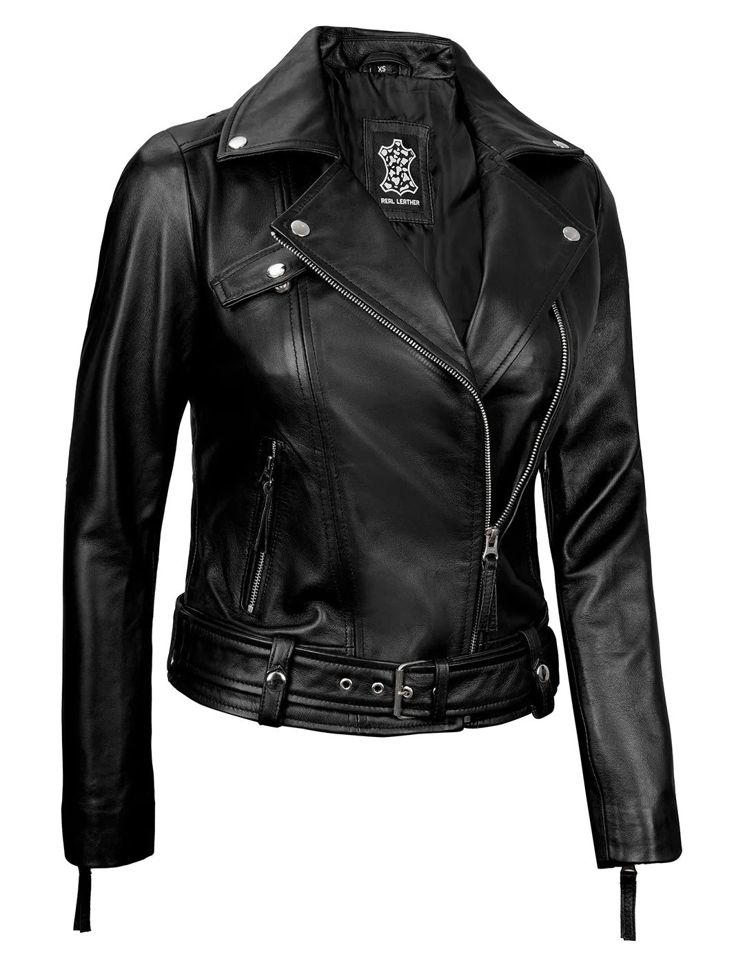 Womens Black Asymmetrical Belted Lambskin Leather Jacket