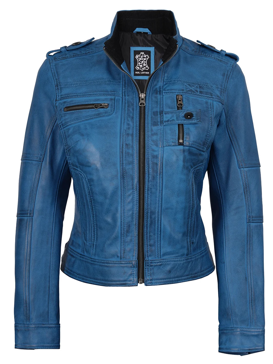 Womens Blue Biker Style Real Leather Jacket