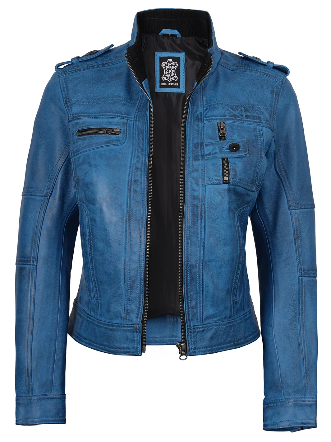 Womens Blue Real Lambskin Biker Leather Jacket