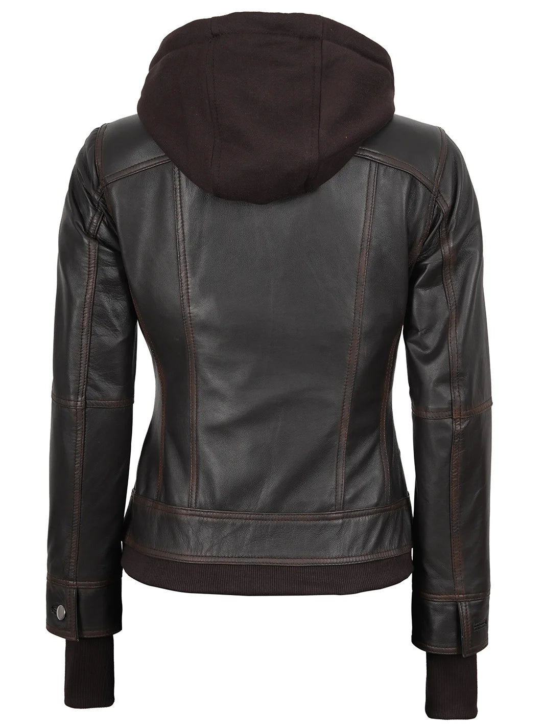 Womens Brown Bomber Leather Jacket With Removable Hood
