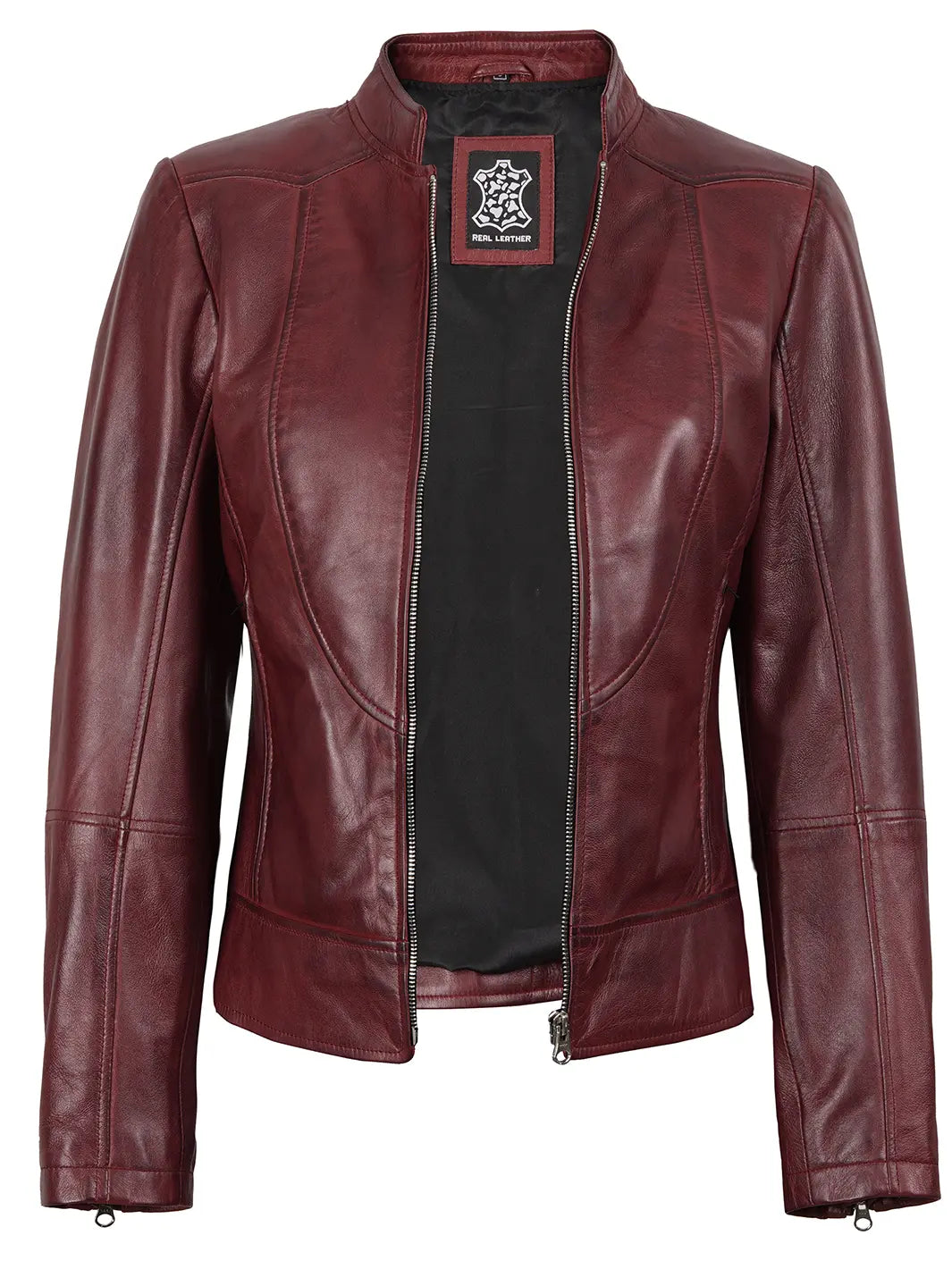 Red leather jacket with a brand logo on a white background