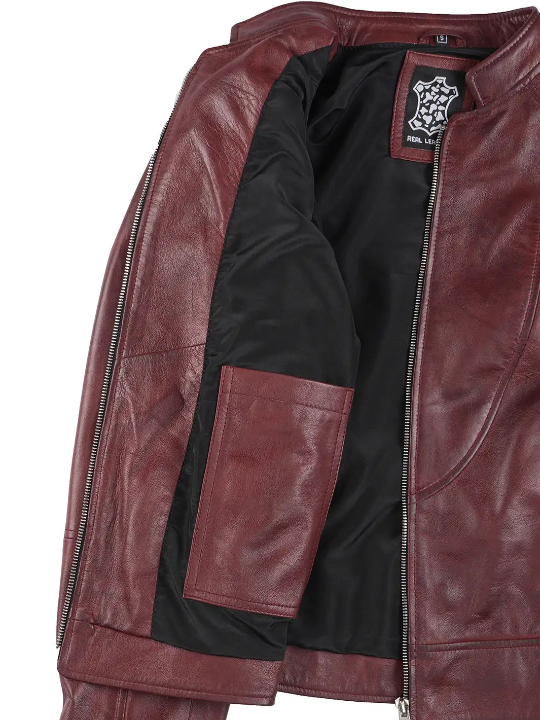 Close-up of a maroon leather jacket with a brand label on a white background