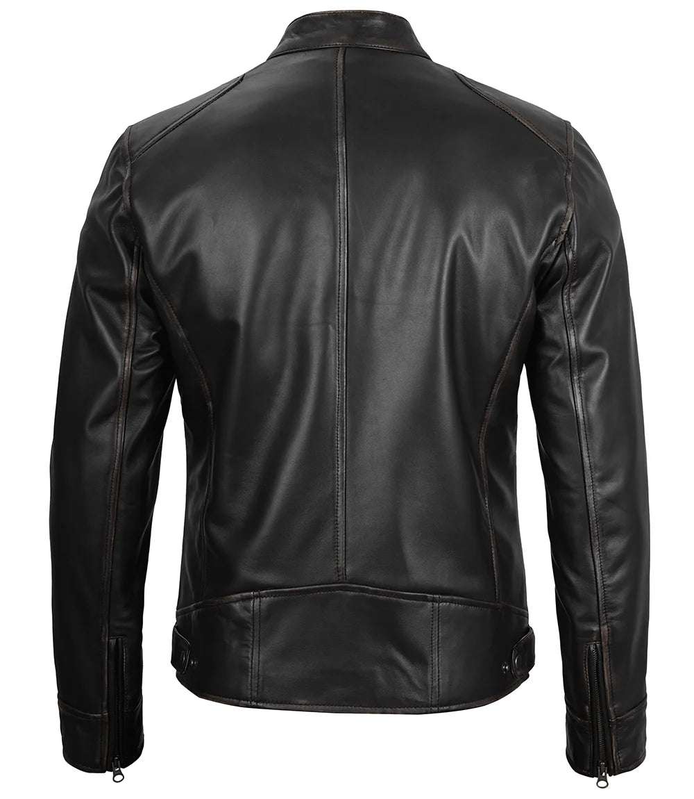Black leather jacket shown from the back on a white background.