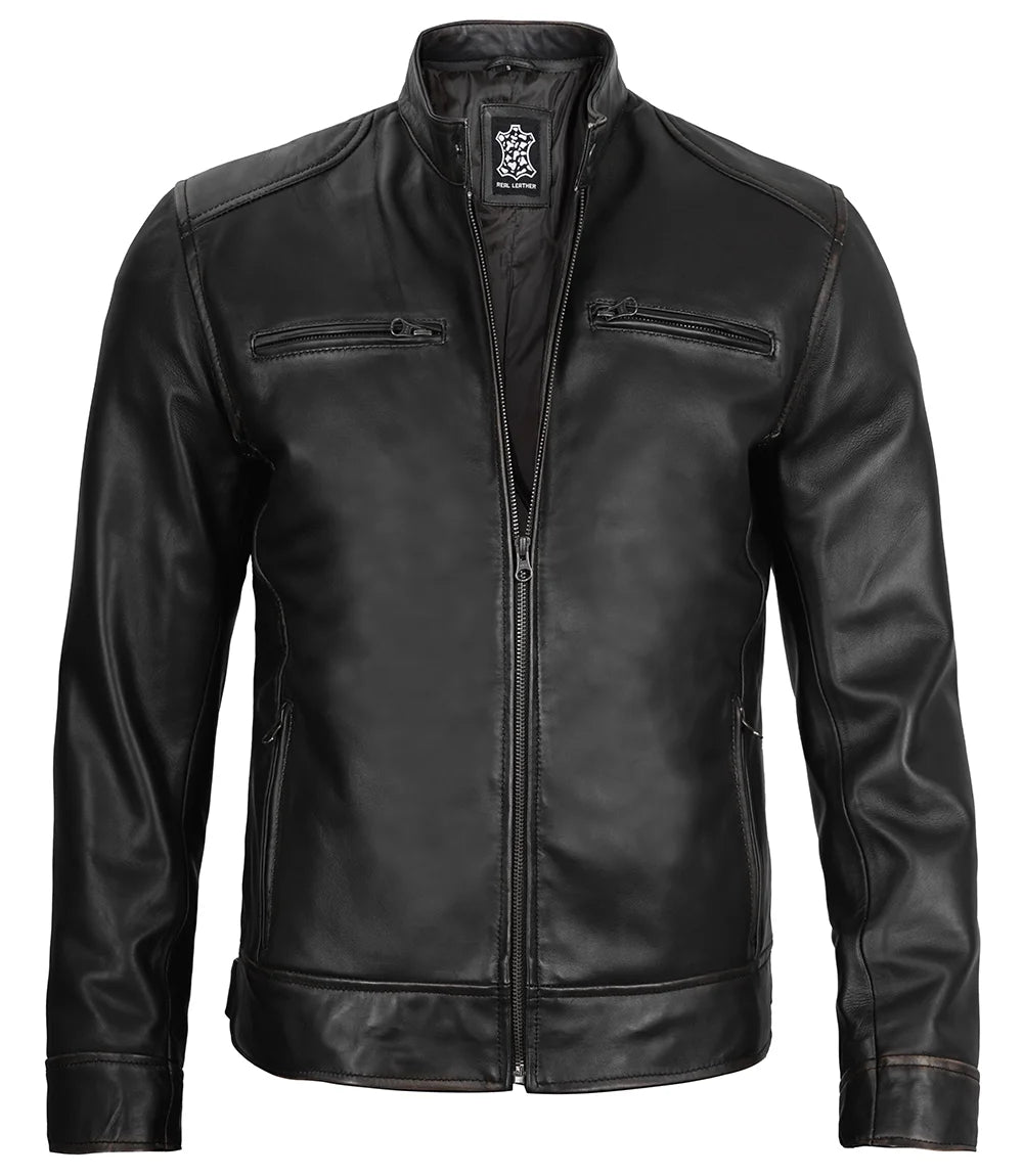 Black leather jacket on a white background