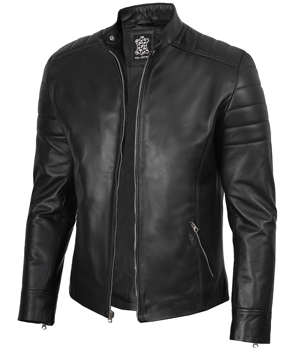Black leather jacket with a brand logo on a white background