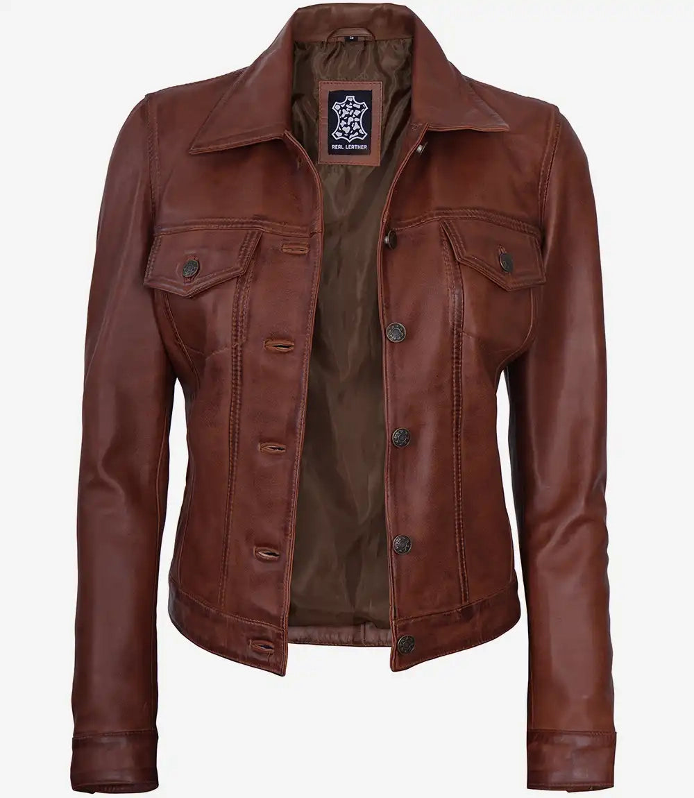 Brown ltrucker eather jacket on a white background