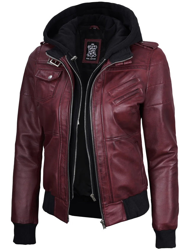 Giacca in pelle con cappuccio removibile, bordeaux da donna