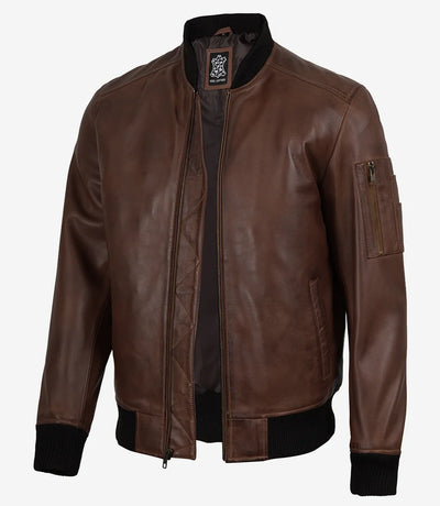 Giacca Bomber da Uomo in Pelle di Agnello Cognac con Finitura Cerata