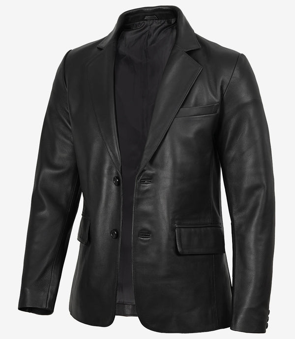 Blazer da uomo in pelle nera con revers a lancia e due bottoni