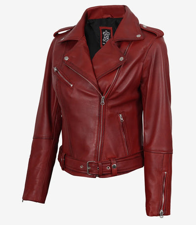 Margaret Donna Rossa Asimmetrica Biker Stile Pelle  Giacca