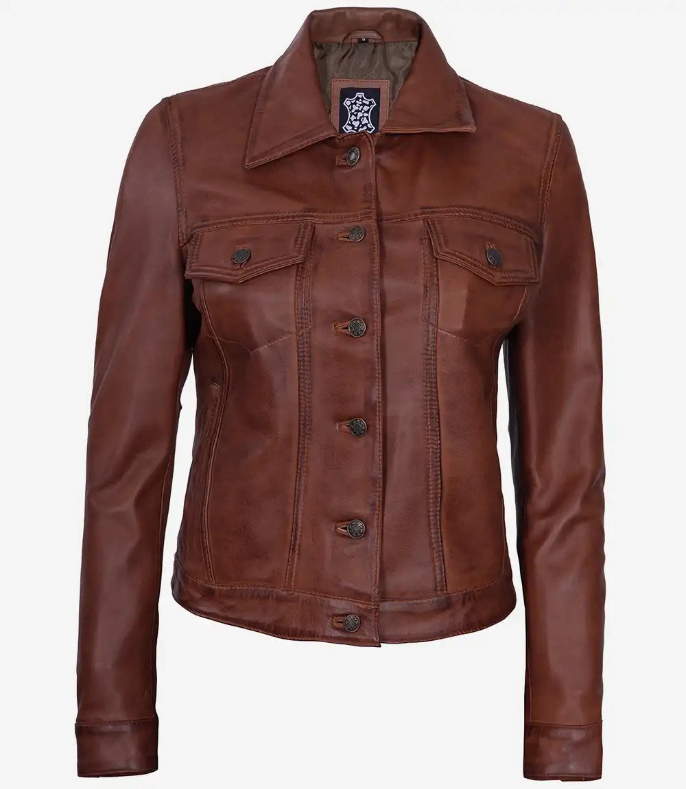 Brown leather jacket on a white background